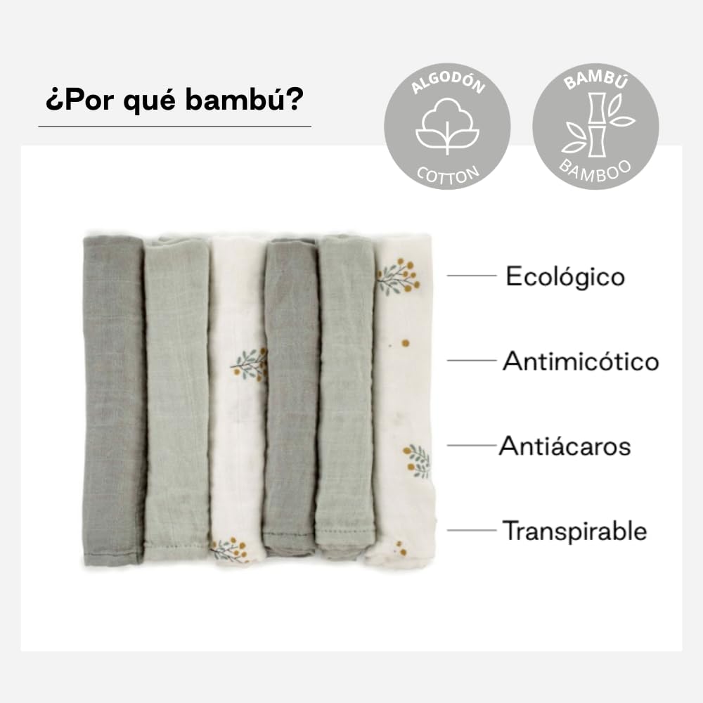 Jané Pack 6 Muselinas Bebé 35x35 cm, Algodón y Bambú Natural, Multiusos Lactancia, Antiácaros, Ecológicas, Verde