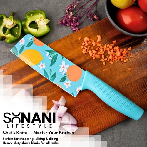 Image of Professional Piece Kitchen Knife Set - High Carbon Stainless Steel Chef, Utility & Santoku Knives with Ergonomic Blue Handles Knife (Blue, 3 piece)