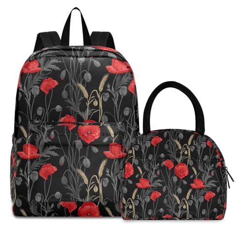 Sac à dos étanche filles avec boîte à déjeuner isotherme coquelicot