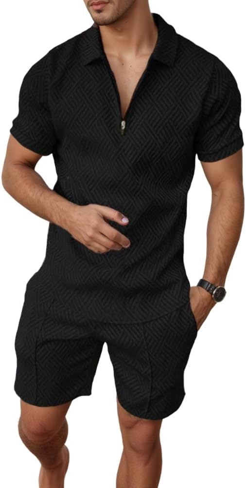 Akivide Mens Summer Short Sets Casual 2 Piece Outfits Fashion 1/4 Zip Lapel Short Sleeve Polo Shirt & Shorts for Men