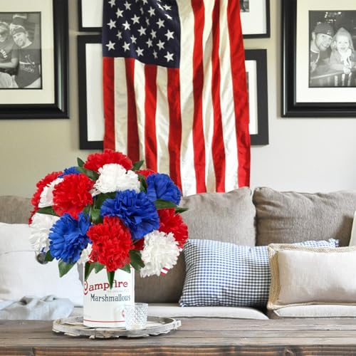 Image of 4PCS Memorial Day Flower Red White and Blue Chrysanthemum 13 inch Patriotic Flower Fake Silk Cemetery Flower Arrangement for July Independence Day Grave Centerpiece Home Decor(NO VASE)