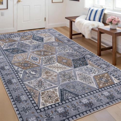 Calinline Dunkelgrau Vintage Waschbarer Teppich Schlafzimmer, 80x150 cm