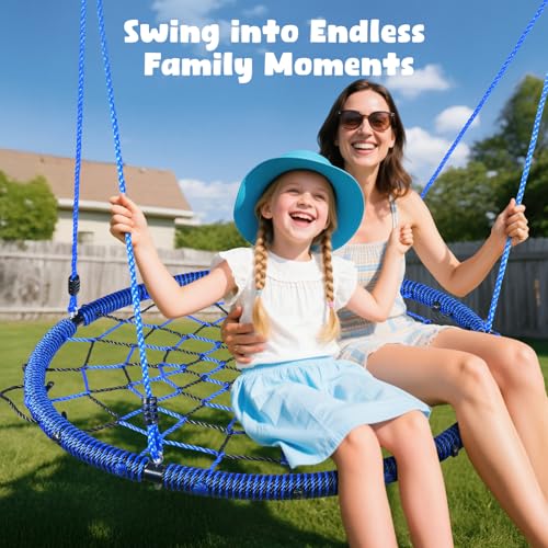 Hapfan 40'' Spider Web Tree Swing, 750 lbs Outdoor Saucer Net Swing with Swivel and 9.8 FT Hanging Straps, Backyard Play Set Accessories (Blue) - Thumbnail 6