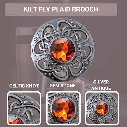 Image of Elegant Culloden Plaid Brooch - Scottish Kilt Fly Plaid Brooch Intricate Celtic Knot in Pewter with Gemstone 3-Inch Diameter - Ideal for Scottish Kilts & Formal Wear