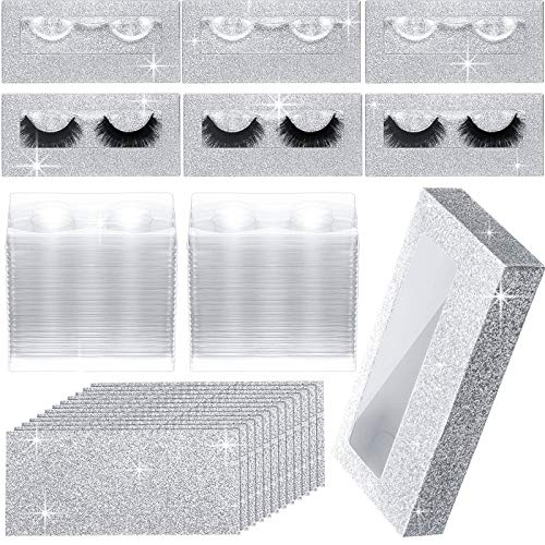 Maitys 50 Sets Empty Eyelash Case Set, Include 50 Empty Eyelash Box Lash Box Packaging Eyelash Storage Box, 50 Eyelash Box Tray False Eyelash Storage Box Tray, 50 Internal Background Paper (Silver)
