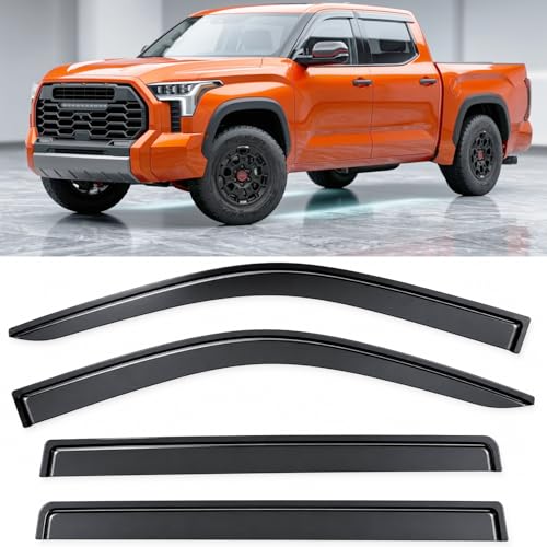 Image of 2022-2026 Tape-On Rain Guards for Toyota Tundra CrewMax Side Window Visor Deflectors SR SR5 Limited Platinum TRD Pro Capstone i-Force MAX Tinted Protectors 2023 2024 2025