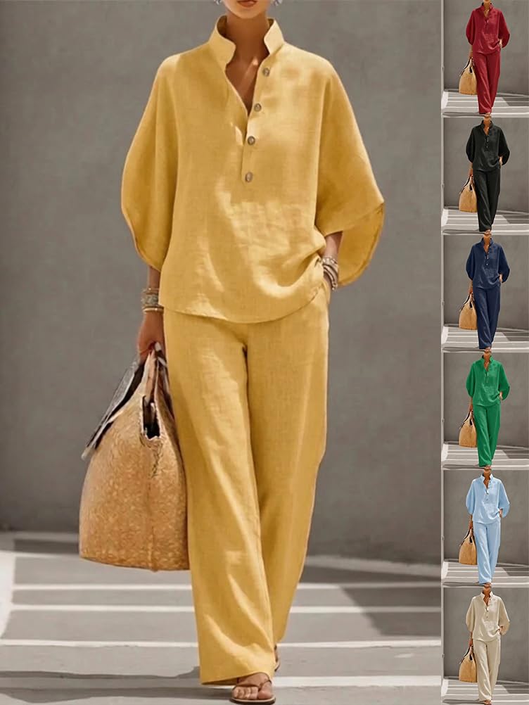 shownicer Ensemble Femme Coton et Lin 2 Pièces Chic et Elegant Tenue Manches 3/4 Tops Et Pantalon Ensembles en Lin Ete Décontractée Tenue