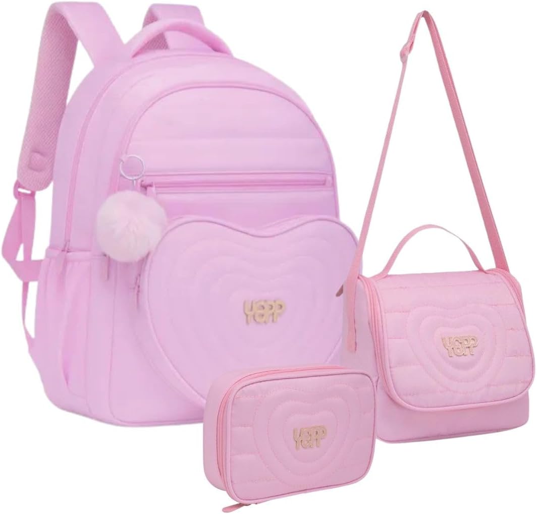 Kit Mochila de Costas Estojo Box e Lancheira Coração Fashion Escolar Rosa
