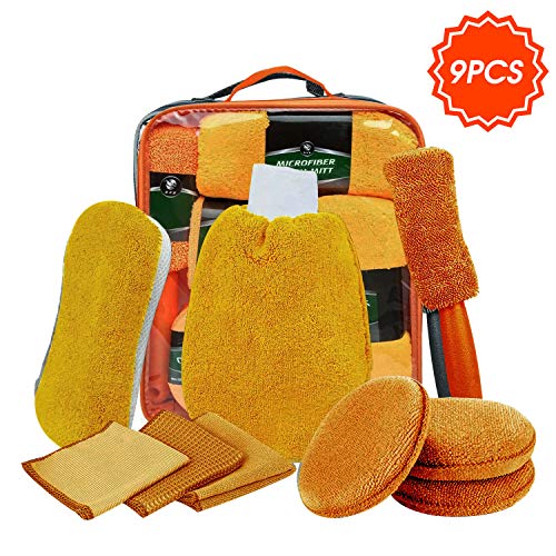 DY_Jin Juego de Limpieza para automóvil de 9 Piezas, toallitas de Limpieza Multiusos, paño de Microfibra para automóvil, con Cepillo para neumáticos, Guantes de Trabajo, Esponja (Orange)