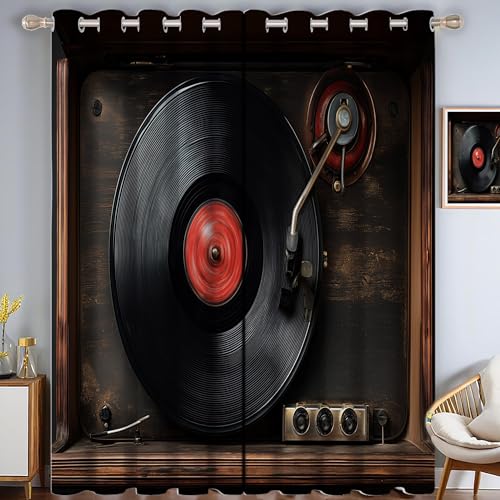 Rideaux disques vinyles noirs 140x260cm avec oeillets pour bureau
