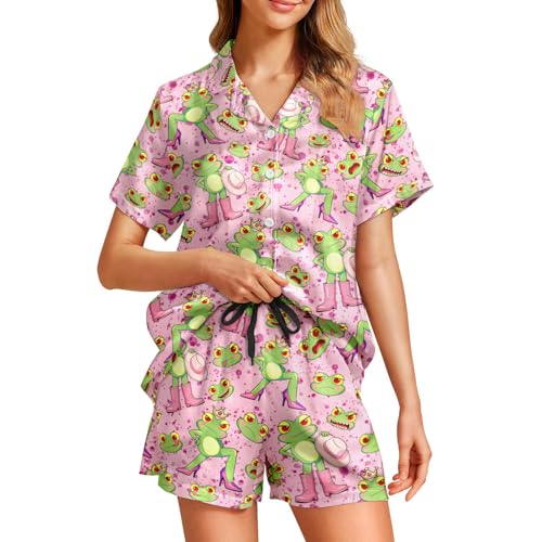 Carwayii Funny Frog Pajamas for Women Silk Satin Lounge Frog Pjs Sets 2 Piece Suit Ladies Button Down Sleepwear Gifts