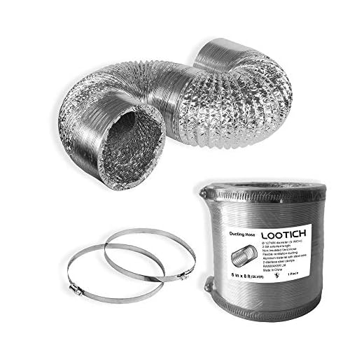 LOOTICH Tubo Flexible de Aluminio Ø127mm Longitud 2,5m para Conducto de Aire de Ventilación Sistemas con 2 Abrazaderas de Acero