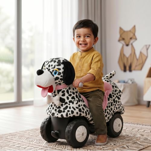 Image of Toyzone Little Soft Dog Ride on | Cloth-Covered Ride On Toy with Wheels | Back Support | Indoor & Outdoor Ride-On for Toddlers 1-4 Years