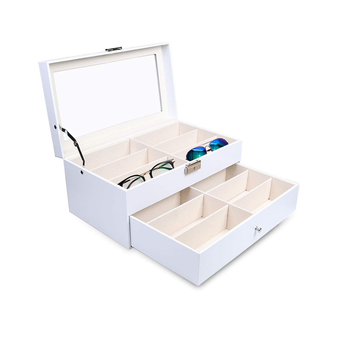 Goeltand White Sunglasses Case Sunglass Organizer with Drawer PU Multiple Eyeglasses Eyewear Display Multi Collection Holder Sunglass Glasses Storage Box For Men Women