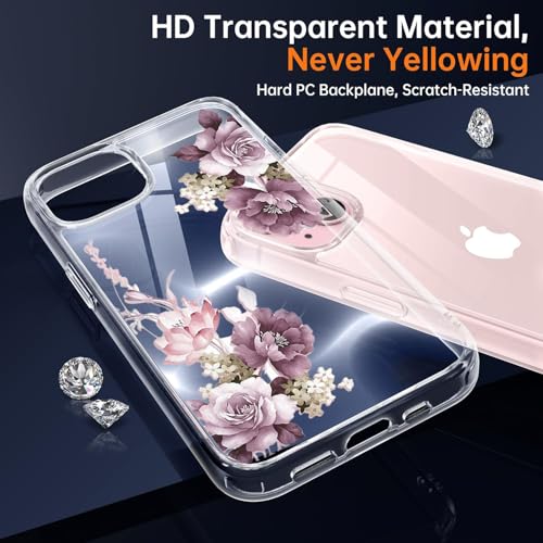 Image of Elzzi Clear Transparent Flower Cover for iPhone 13 Case Shockproof PC+TPU Back Cover with Full Camera Protection Non Slippery - Deep Purple
