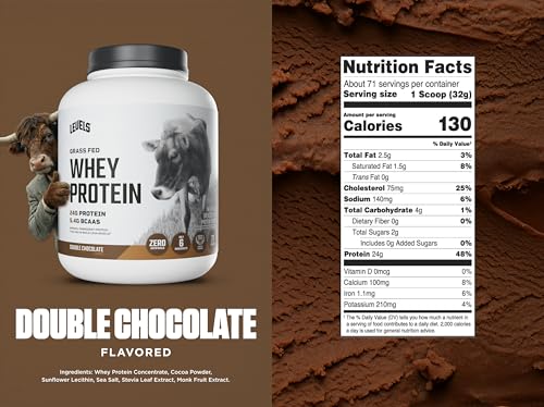 Image of Levels Grass Fed Whey Protein Powder, No Artificials, 24G of Protein, Double Chocolate, 5LB