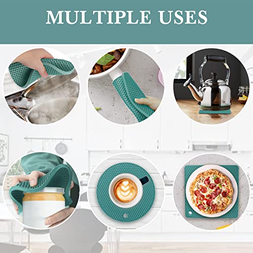 Image of 4 Pack Silicone Trivets for Hot Dishes, Dark Green Silicone Hot Pads Trivet for Hot Pots and Pans, 4 PCS Heat Resistant Silicone Mats Pot Holders for Kitchen Counter, Large Coasters & Jar Opener