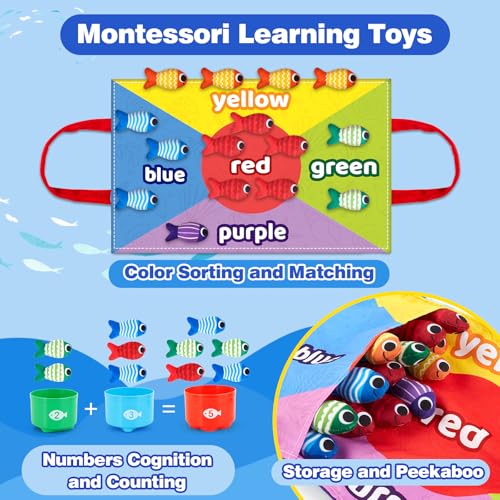 Image of Toddler Montessori Toys for 1-3 Year Old Boy Girl, 23 Pcs Cloth Fishing Game Set with Double-Sided Mat, Learning Toys for Number & Color Sorting, Birthday Gifts for Babies & Toddlers
