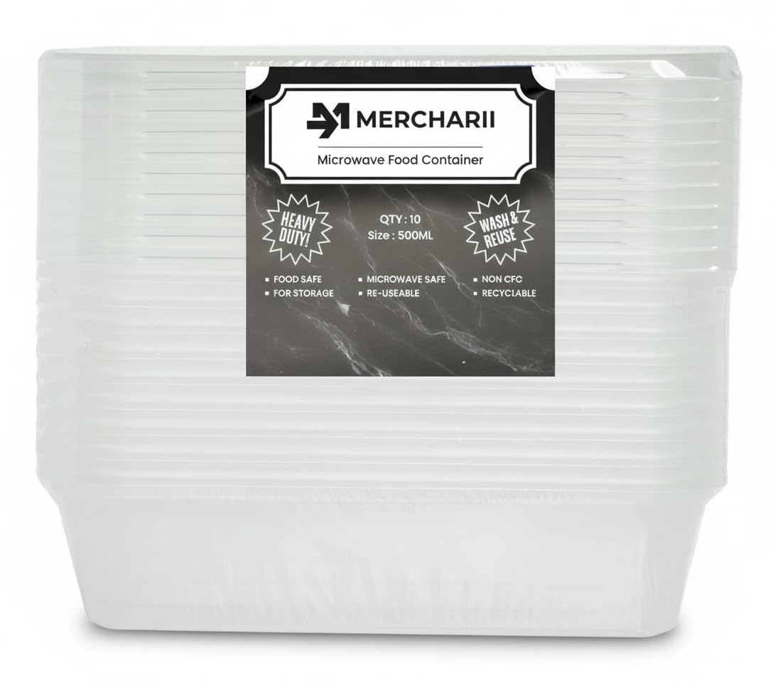MERCHARII Plastic Food Storage Containers 10 × 500ml with Lids Heavy-Duty Leakproof, Rectangular, BPA-Free, Microwave and Freezer Safe, Reusable Meal Prep Takeaway Containers (500ml) — image 1