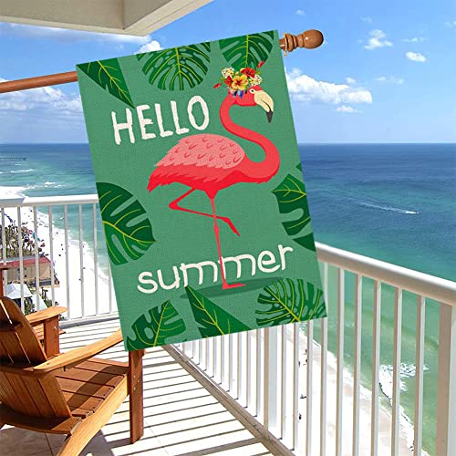 Qinqingo Hello Summer Flamingo House Flag 28" X 40" Double Sided Green Palm Leaves Summer Outdoor Large Banner Burlap Outside Lawn Seasonal Yard Flag (Hf-03) #TOP6