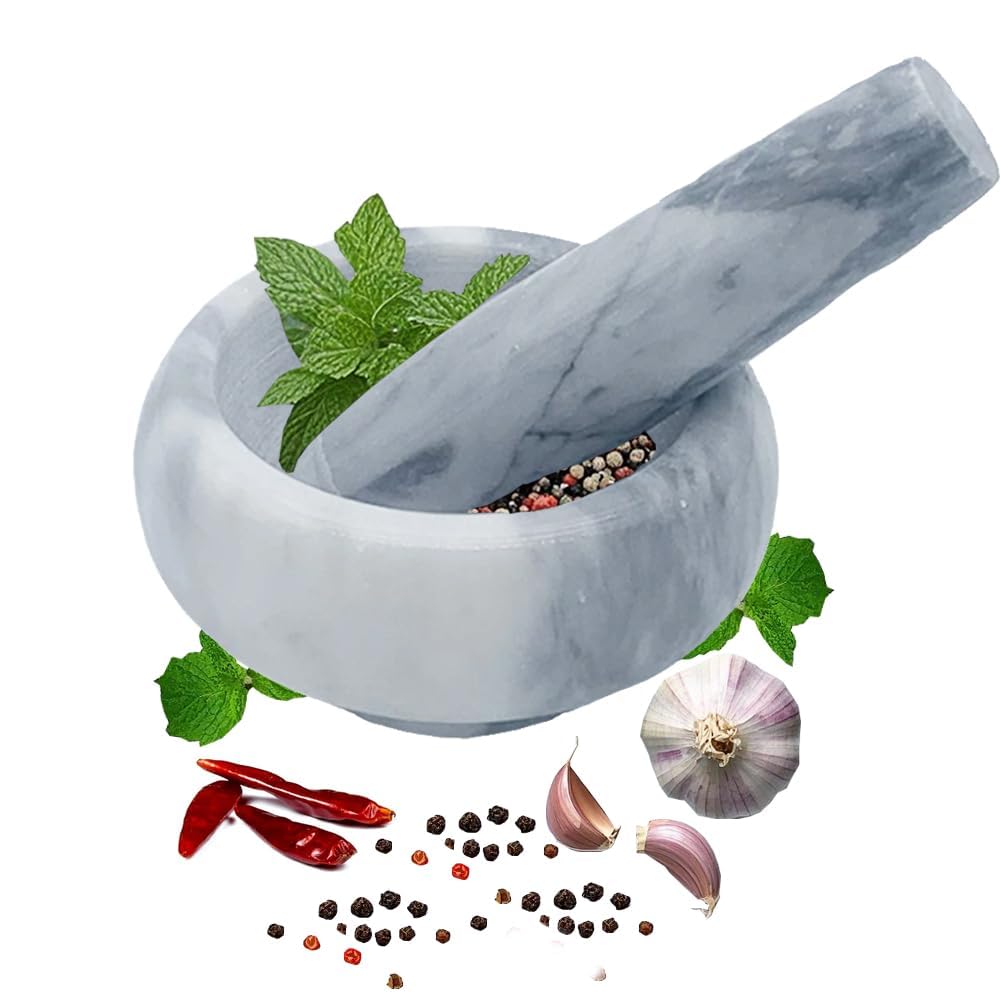 Ensemble de mortier et pilon en marbre – Petit bol de 8,9 cm pour guacamole, pâtes d'assaisonnement, salsa, pilules, épices, herbes, ail, noix, broyeur robuste (gris/blanc)