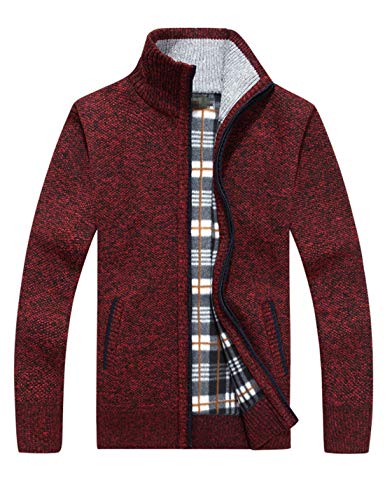 Liengoron Men's Casual Slim Full Zip Thick Knitted Cardigan Sweaters with Pockets (Wine Red, Medium)