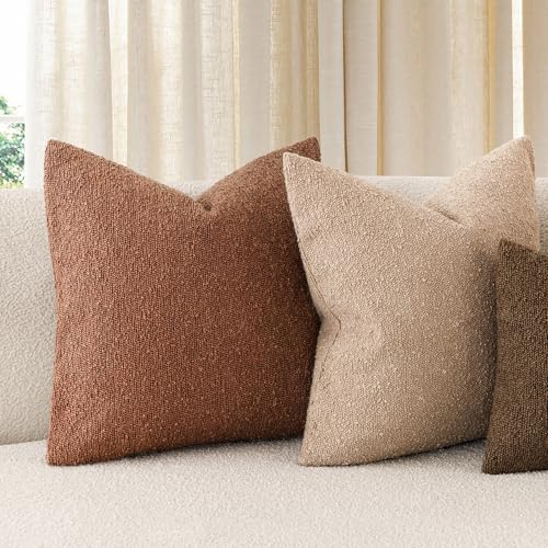 Image of Foindtower Set of 2, Decorative Textured Boucle Throw Pillow Covers Accent Solid Pillow Cases Neutral Soft Cozy Couch Cushion Case for Chair Sofa Bedroom Living Room Home Decor 24x24 Inch Red Taupe