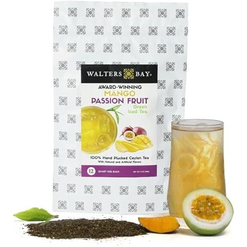 Walters Bay Mango Passion Fruit Green Iced Tea, 12 Quart Sized Tea Bags, Ceylon Tea, Unsweetened, Tropical Mango Passion Fruit Flavored, 100% Hand Plucked, Green Tea Cover