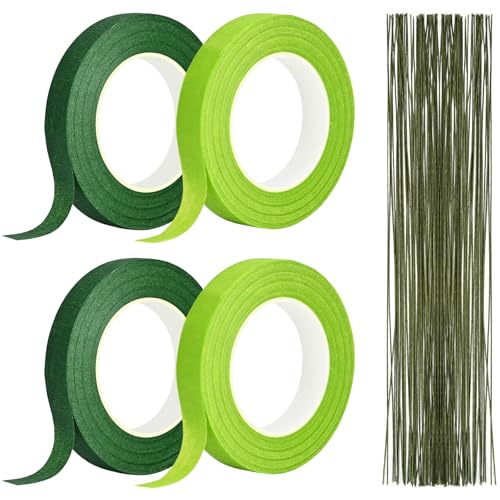 Floral Tape and Wire Kit - 1/2 Inch Green Florist Tape and 22 Gauge Floral Wire Stems for Fresh Flowers Wedding Bouquets DIY Flower Crafts Stem Wrapping