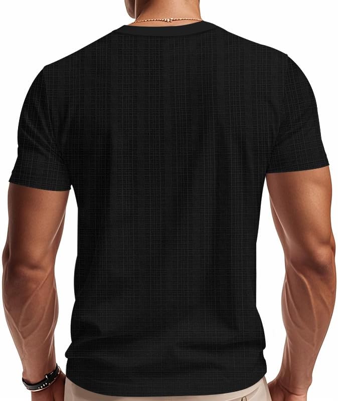 Mens Casual Deep V-Neck T-Shirts Henley Shirt Dry Fit Short Sleeve Mens Casual Waffle Textural Summer T-Shirt - Image 5