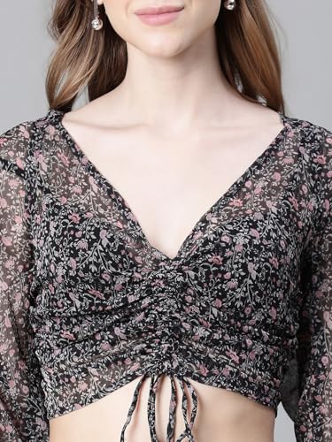 Image of oxolloxo Women Floral Print Semi-Sheer Round Neck Tie-Knotted Elasticated Long Crop Sleeve Top