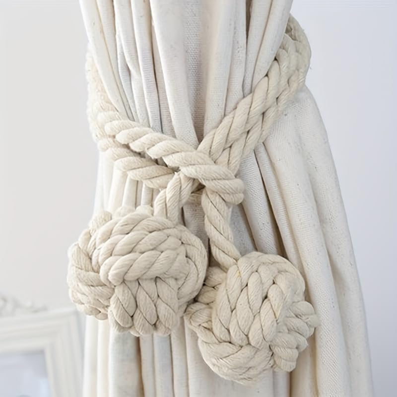 MAKNGRID Vintage Style Cotton Curtain Tiebacks - 2pcs Cotton Rope Window Drapery Holdbacks with Knot Ball Design (Pack of 02) Off White 4