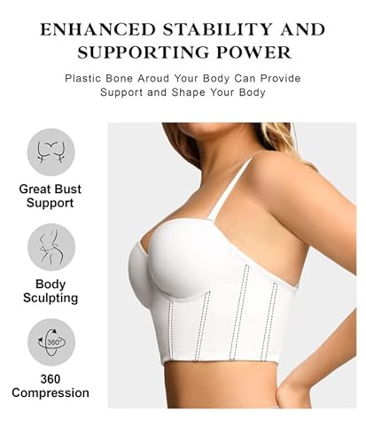 Popilush Women's Strapless Open Back Boned Bustier Tops Vintage Strapless Low Back Corset Crop Top Sculpting Body Shaper White Medium #TOP2