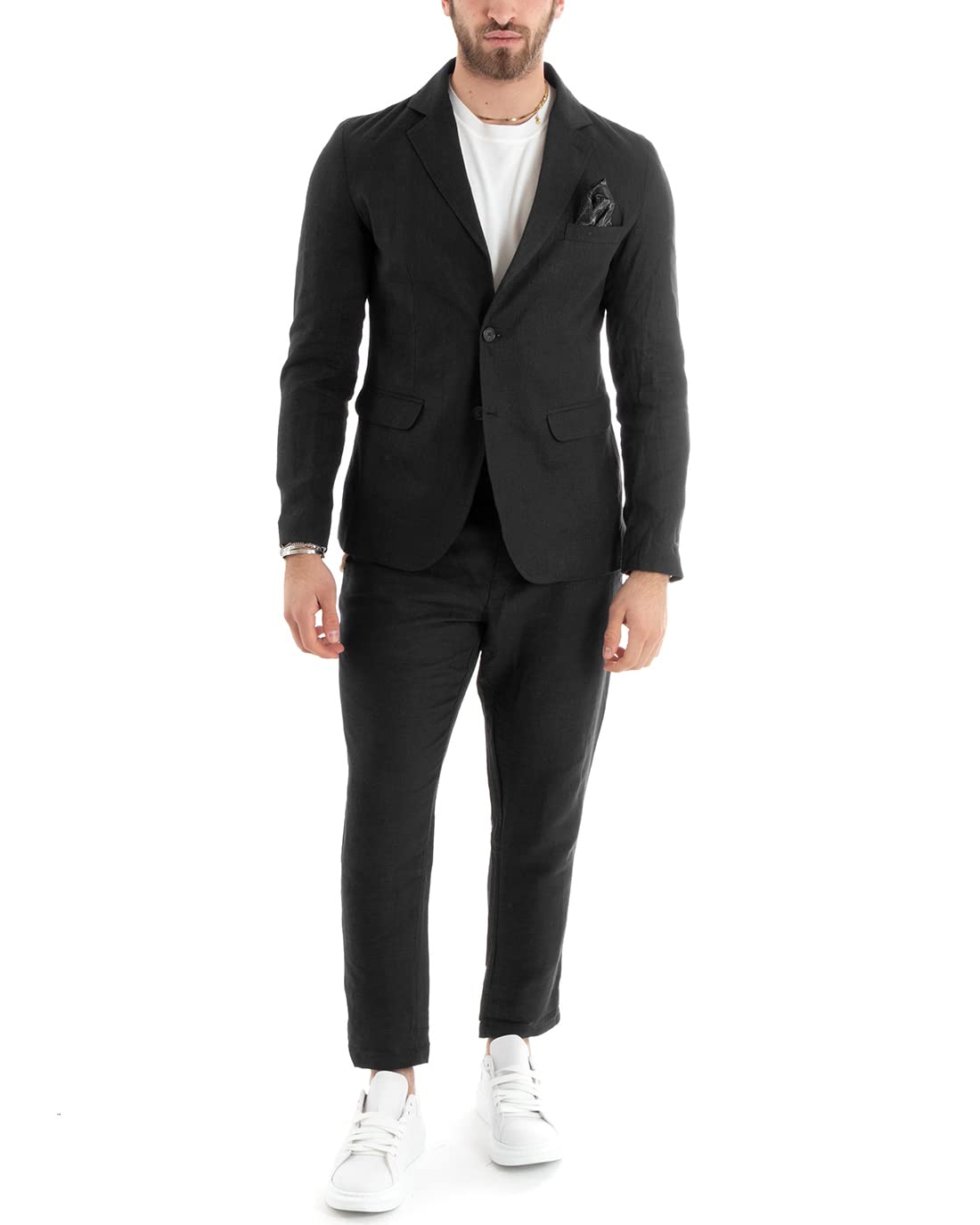 Outfit Uomo Abito Completo Lino Giacca Monopetto Pantalone Classico Tinta Unita Taschino a Pochette
