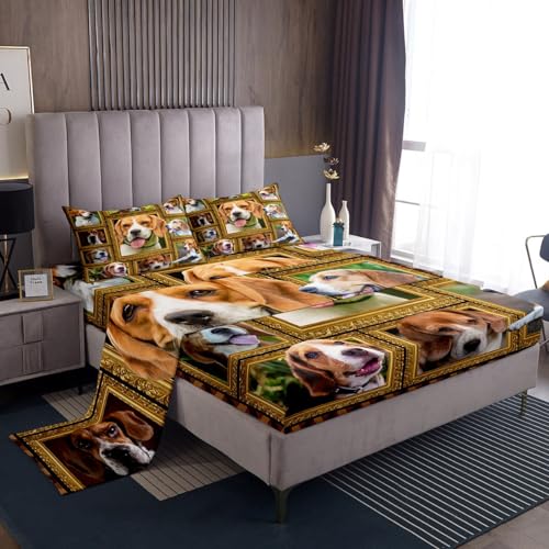 Feelyou Beagle Bed Sheet Set for Girls Boys Kids Queen Size Cute Dog Puppy Bed Sheets with Deep Pocket Fitted Sheet Room Decorative Beagle Lover Gift Sheets Dog Lover Bed Set 4Pcs Bedclothes