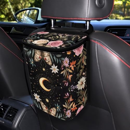 Image of Daisy Moon Print Cars Trash Can with Lid Car Garbage Can Car Waste Basket, Leak-Proof Cars Trash Bin, Van Truck Trash Hanging Sedan Accessories Interior Organizer Bag