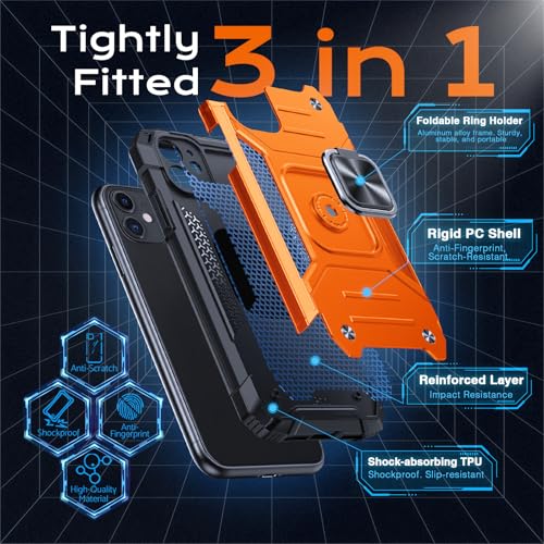Image of Anqrp Heavy Duty Case for iPhone 11 Case with Enhanced Ring Holder Grip Stand, Military Grade Shockproof Rugged Drop Protective Silicone Hard Slim iPhone 11 Phone Case Cover,Orange