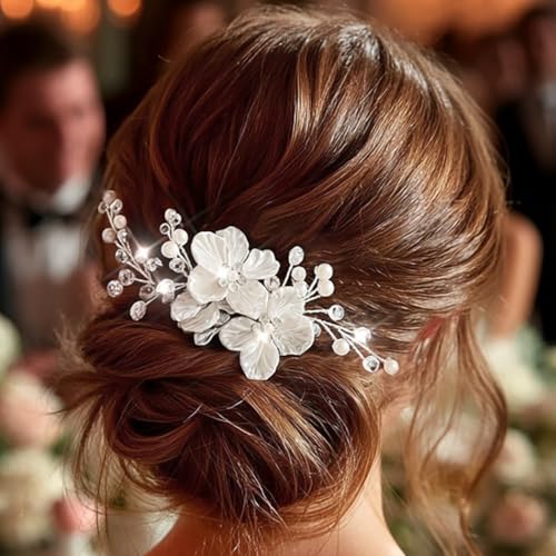 Pinza para cabello de boda con flor plateada y perla miniatura 1