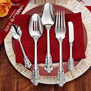 KEAWELL Gorgeous 65-Piece 18/10 Stainless Steel Silverware Set, Service for 12, Mirror Finish, Dishwasher Safe, Box Set, Antique Baroque Silver Color Flatware Cutlery Set… KEAWELL Gorgeous 65 Piece 1810 Stainless Steel Silverware Set Service for 12 Mirror Finish Dishwasher Safe Box Set Antique Baroque Silver Color Flatware Cutlery Set