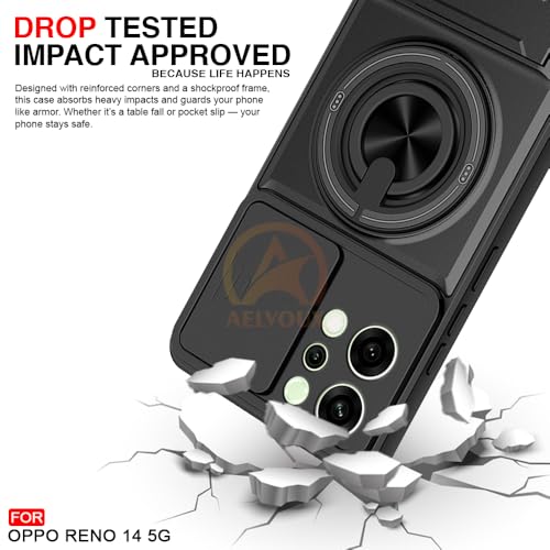 Image of Oppo Reno 14 5G Back Cover | Armor Camera Slider 360 Degree Rotating Finger Ring Holder Case with Bracket Stand Back Case Cover (Compatible with MagSafe Accessories) (Black)