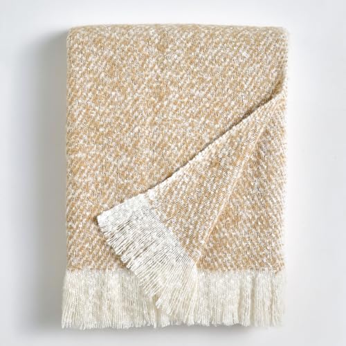 BOURINA Faux Mohair Sofa Throw Blanket Luxury Super Soft Cozy Couch Bed Chair Fringe Throw Blankets 127 x 152cm,Yellow