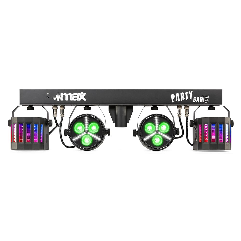 Max PARTYBAR12 2x PAR + 2x Derby, Mode DMX ou Auto, Télécommande et Programmes Automatiques, Pied Inclus, Shows Préprogrammés, Effets Professionnels pour vos Soirées
