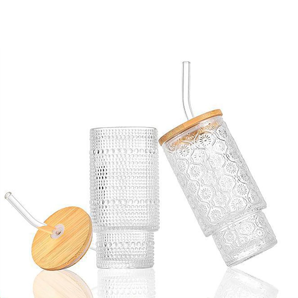 Lot de 4 gobelets empilables en verre texturé avec couvercles et pailles en bambou, 320 ml - Tasses à café glacé réutilisables pour cuisine/fête/maison, peu encombrant