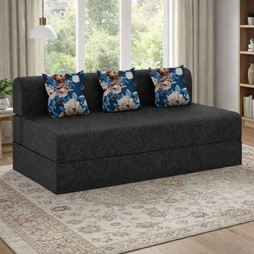 Image of Foldable Three Seater Sofa Bed 5 X 6 Ft Jute Fabric Washable Cover Sofa Cum Bed with Cushions Convertible Sofa Bed for Home (Black Color - Pre-Assembled)