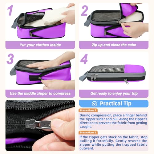 Image of BAGAIL 4 Set /6 Set /8 Set Compression Packing Cubes Travel Accessories Expandable Packing Organizers(Purple HalfMesh 6 Set)