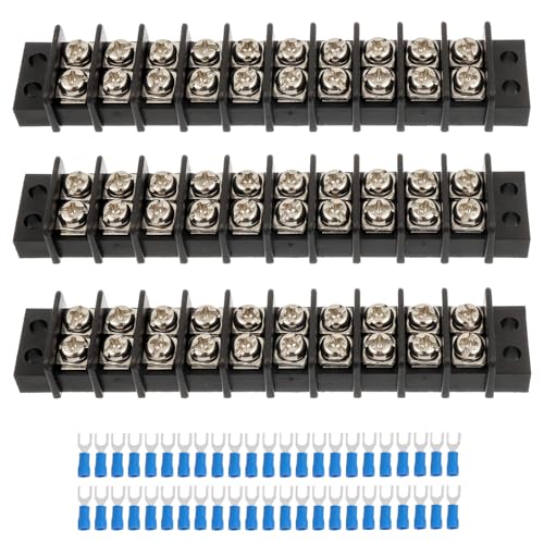 JAMHER 10 Circuits 10 Positions Terminal Block 20-30A 200-450V Dual Row Screw Terminals Strip with 60 PCS Heat Shrink Wire Fork Connectors(Pack of 3pcs)