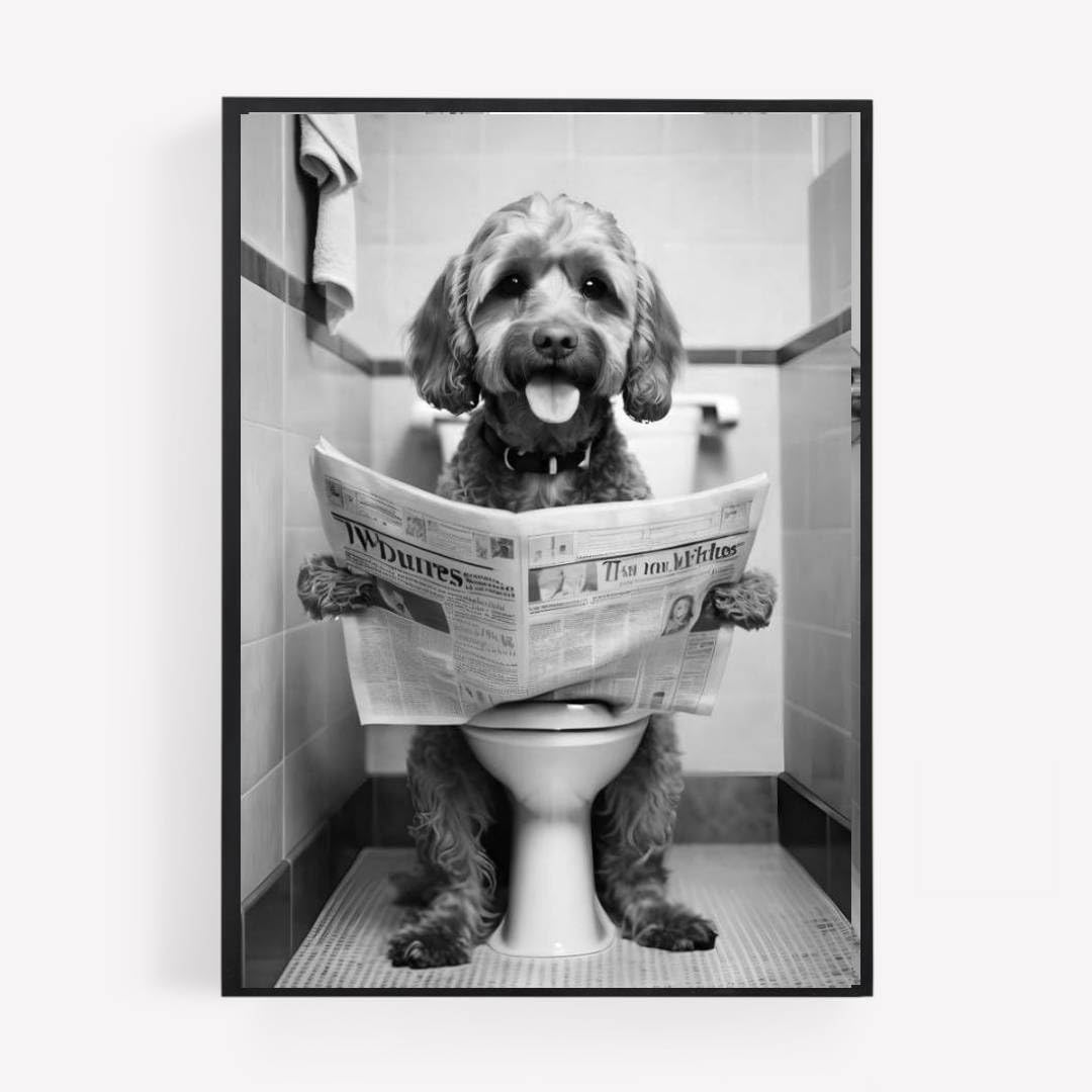 Gfc Black White Funny Bathroom Toilet Animal Print Picture Poster Cockapoo Cavapoo Dog On A Toilet Reading Newspaper A4 Unframed Wall Art Home Decor Decorating