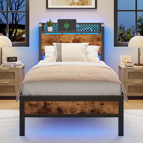 Image of Furnulem Twin Bed Frame with Headboard,Charging Station and LED Lights