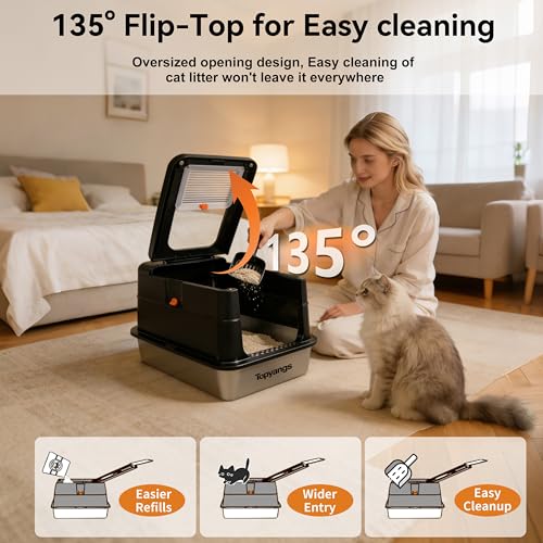Arenero para gato de acero inoxidable con tapa y control de olores miniatura 2