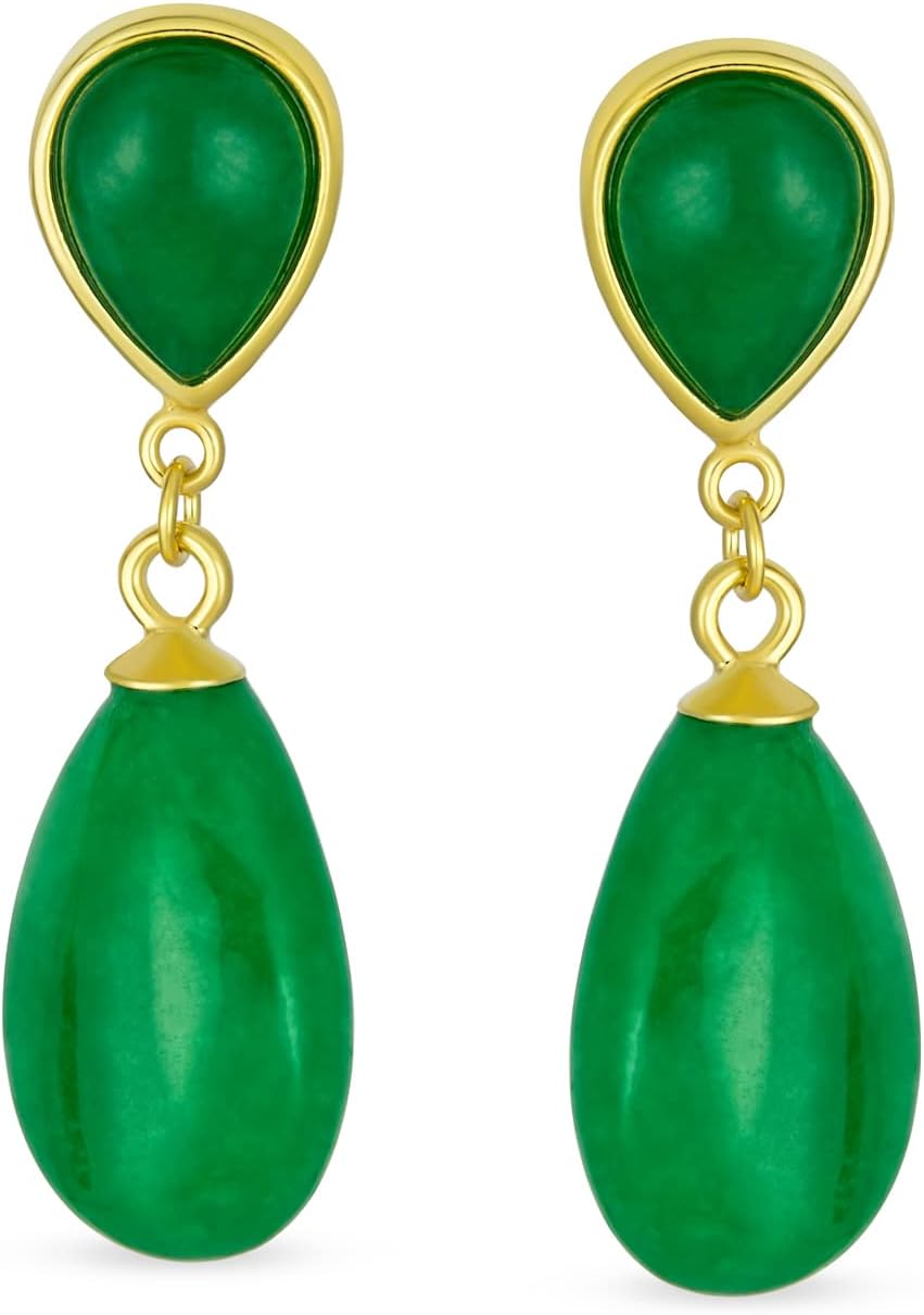 Delicate Double Teardrop Earrings: Genuine Black Onyx & Green Jade Dangle in Classic Simple Design for Women 14K Yellow Gold Overlay on .925 Sterling Silver - Image 2